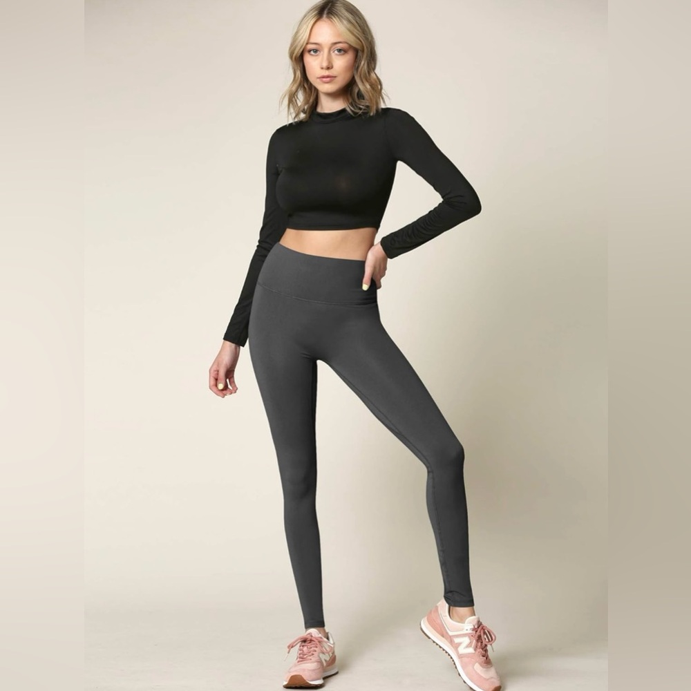 High Waisted Leggings with Inner Pocket Full-Length Yoga Pants -charcoal grey